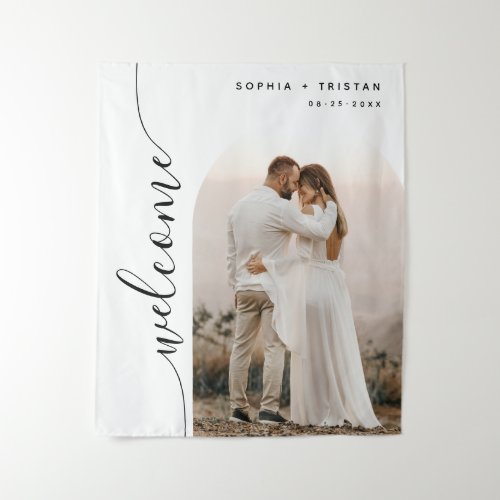 Vertical Script Photo Arch Wedding Welcome Tapestry