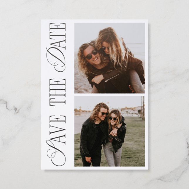 Vertical Script Photostrip Wedding Save the Date Letterpress Photo Cards (Front)