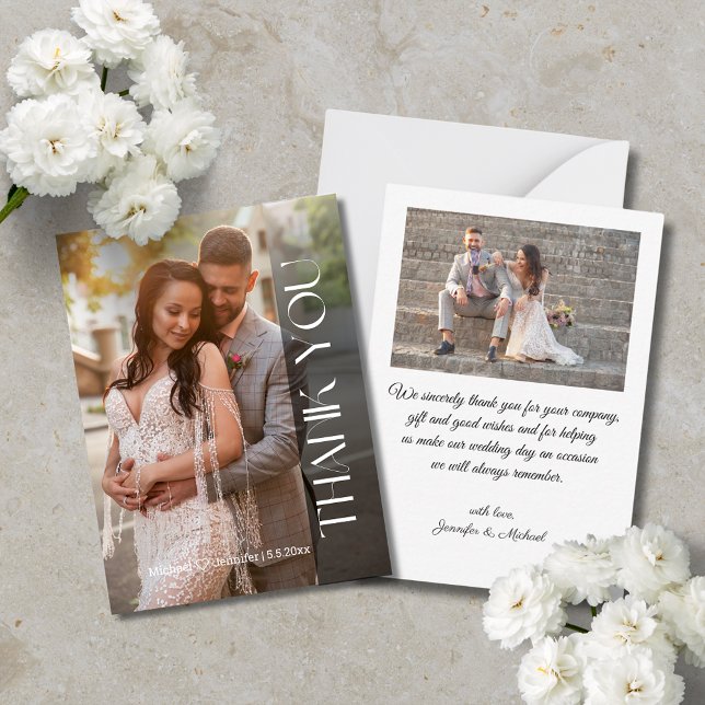 Vertical Serif Script Wedding Thank You 2 Photos Note Card (Creator Uploaded)
