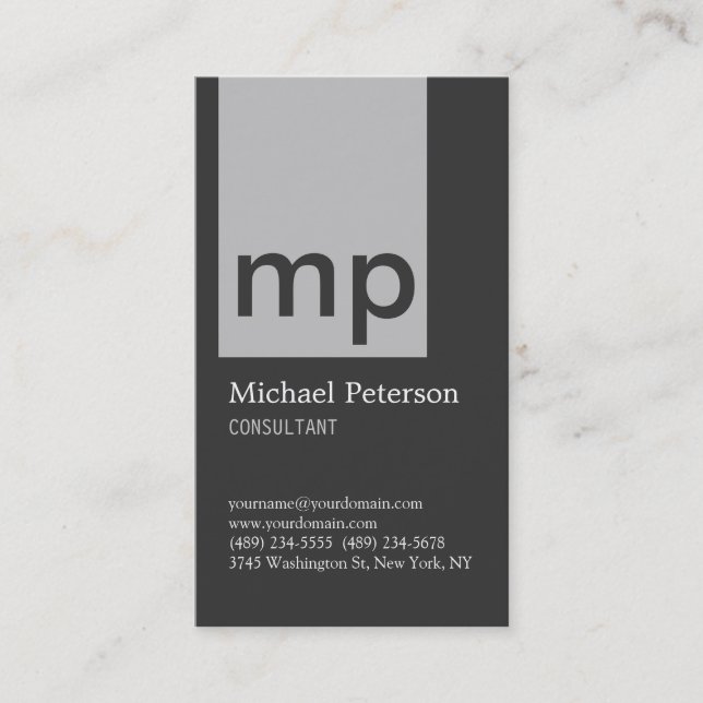 Vertical Silver Gray Stripe Monogram Business Card (Front)
