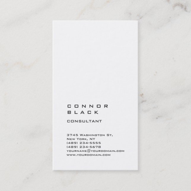 Vertical Simple Plain White Trendy Consultant Business Card (Front)