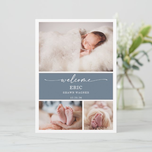  Vertical Slate Blue Photo Baby Announcement Card (Standing Front)