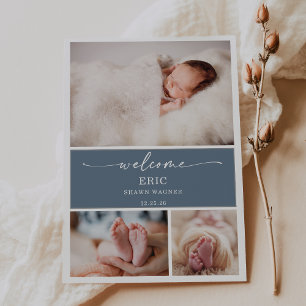 Vertical Slate Blue Photo Baby Announcement Card