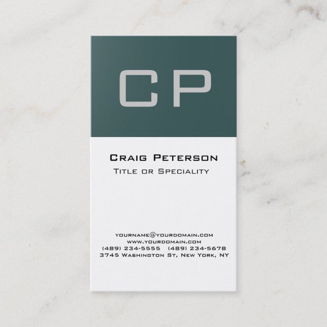 Vertical Slate Gray White Monogram Business Card (Front)