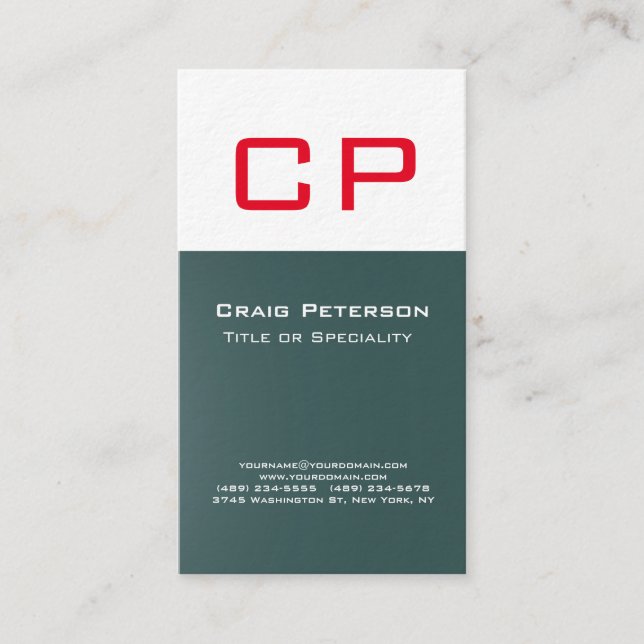 Vertical Slate Gray White Monogram Luxury Premium Business Card (Front)