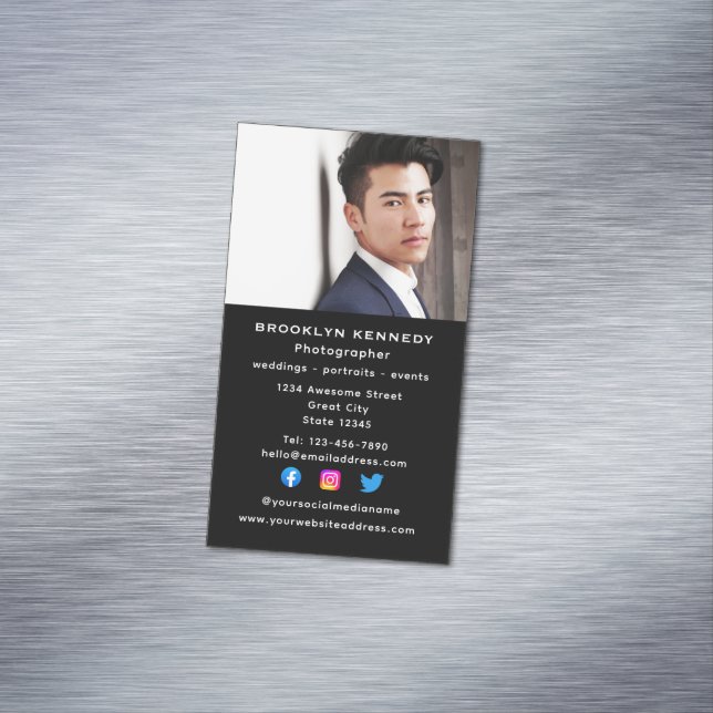Vertical Social Media Photographer Headshot Photo Business Card Magnet (In Situ)