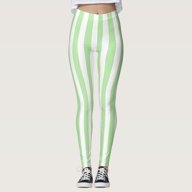 Vertical Soft Green and White Stripes Leggings (Front)