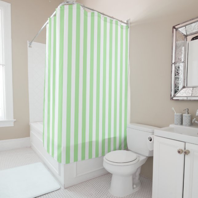 Vertical Soft Green and White Stripes Shower Curtain (In Situ)