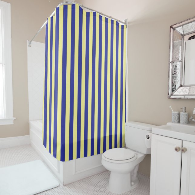 Vertical Soft Yellow and Blue Stripes Shower Curtain (In Situ)