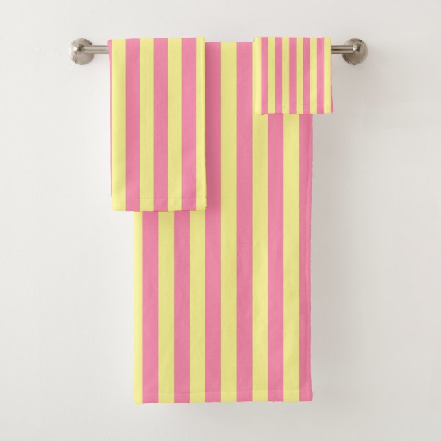 Vertical Soft Yellow and Pink Stripes Bath Towel Set (Insitu)