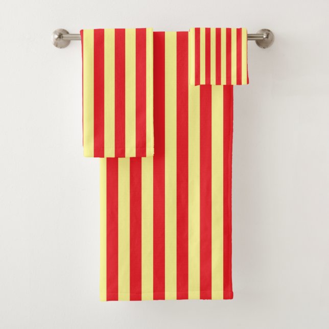 Vertical Soft Yellow and Red Stripes Bath Towel Set (Insitu)