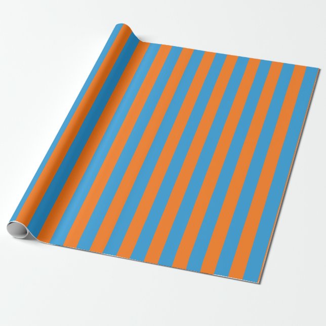 Vertical Stripe Pattern in Tangerine and Cerulean Wrapping Paper (Unrolled)