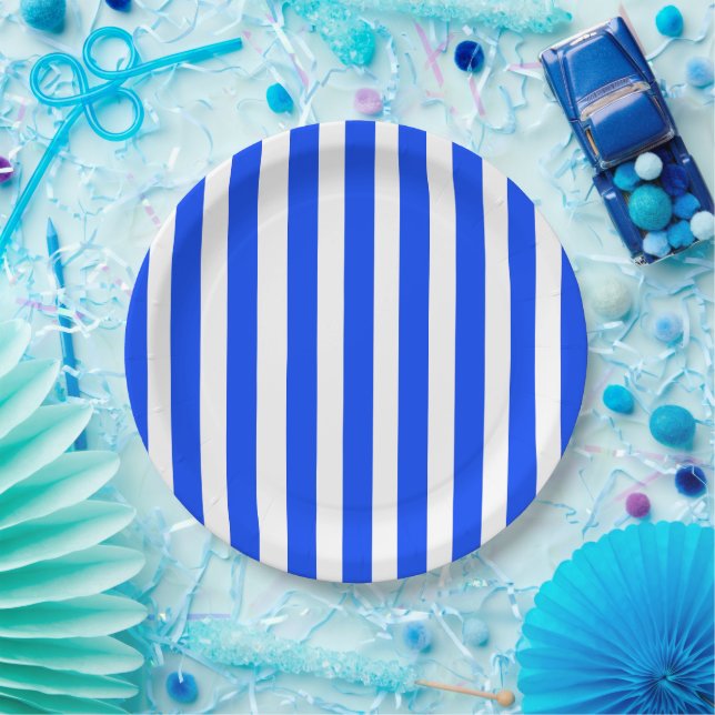 Vertical Stripe Sailor Blue & White Pattern Paper Plates (Party)