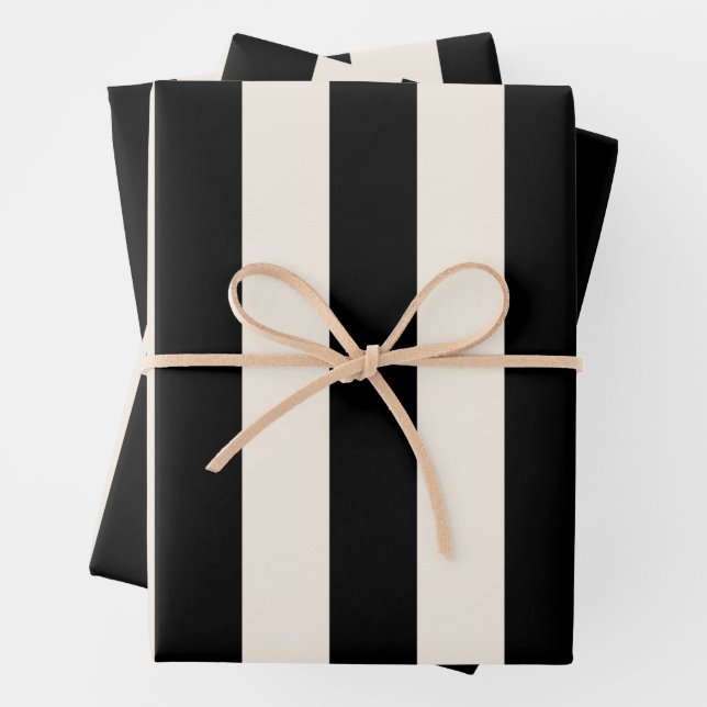 Vertical Stripes Black And Cream White Striped Wrapping Paper Sheets (In situ)