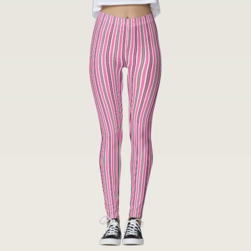 Vertical Stripes in Pink Green White Black Leggings