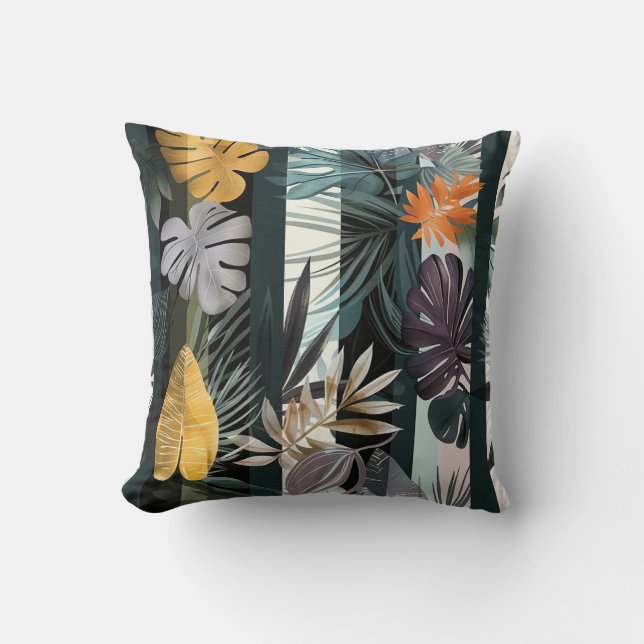 Vertical stripes monstera leaves exotic flora throw pillow (Front)