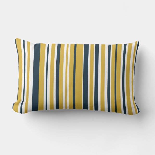 Vertical Stripes Mustard Yellow, Navy Blue, White Lumbar Pillow (Front)