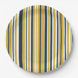 Vertical Stripes Mustard Yellow, Navy Blue, White Paper Plates
