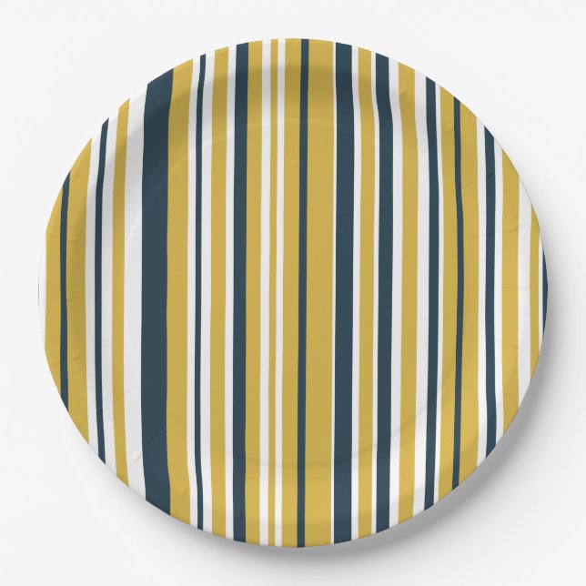 Vertical Stripes Mustard Yellow, Navy Blue, White Paper Plates (Front)