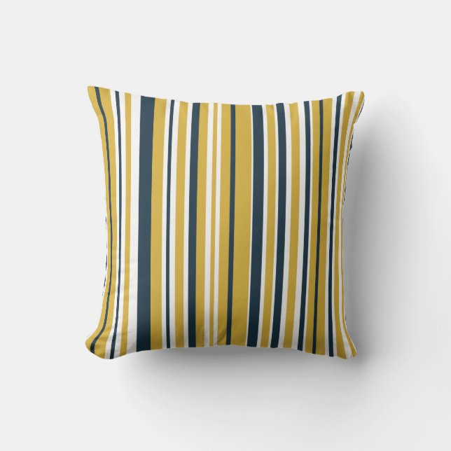 Vertical Stripes Mustard Yellow, Navy Blue, White Throw Pillow (Front)