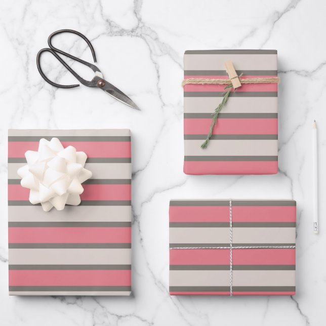 Vertical Stripes Pink and Gray Wrapping Paper Sheets (Front)