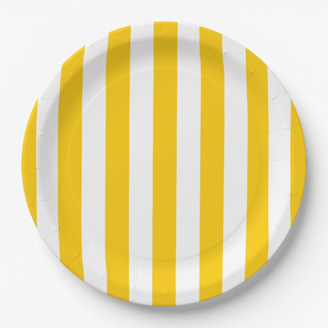 Vertical Stripes Yellow And White Striped Paper Plates (Front)