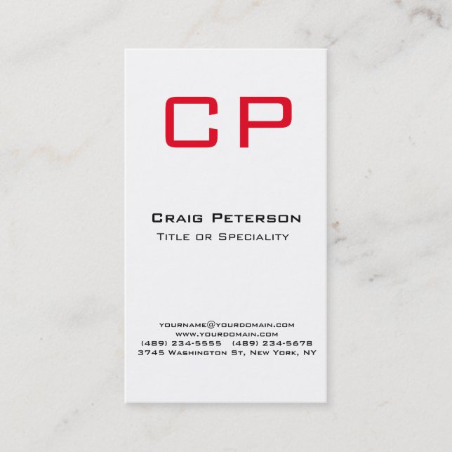 Vertical Stylish Red White Monogram Business Card (Front)