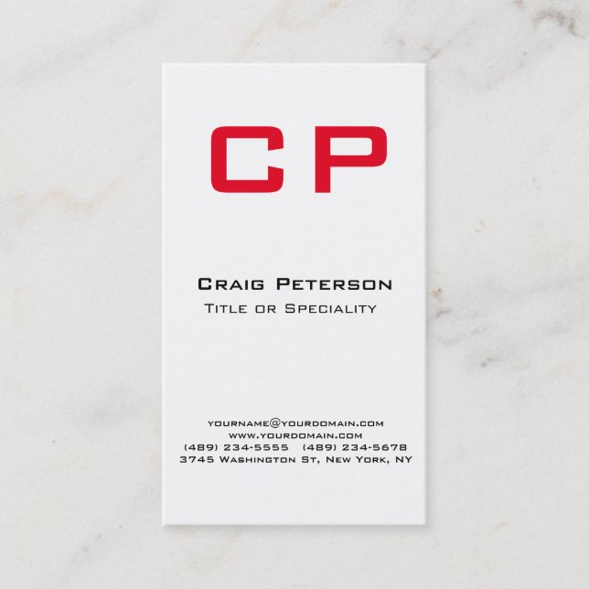 Vertical Stylish Red White Monogram Business Card (Front)