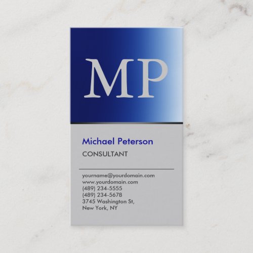 Vertical Trendy Blue Grey Monogram Business Card