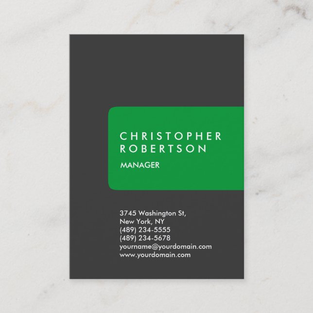 Vertical trendy chubby green gray business card (Front)