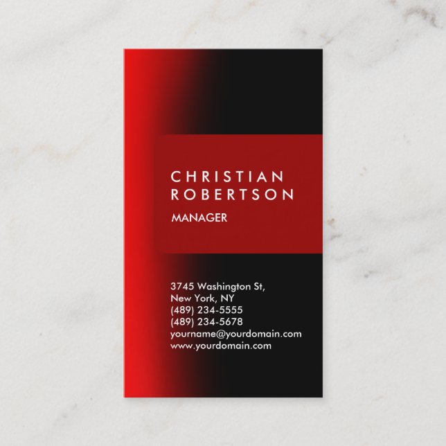 Vertical trendy red black modern business card (Front)
