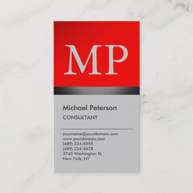 Vertical Trendy Red Grey Monogram Business Card (Front)