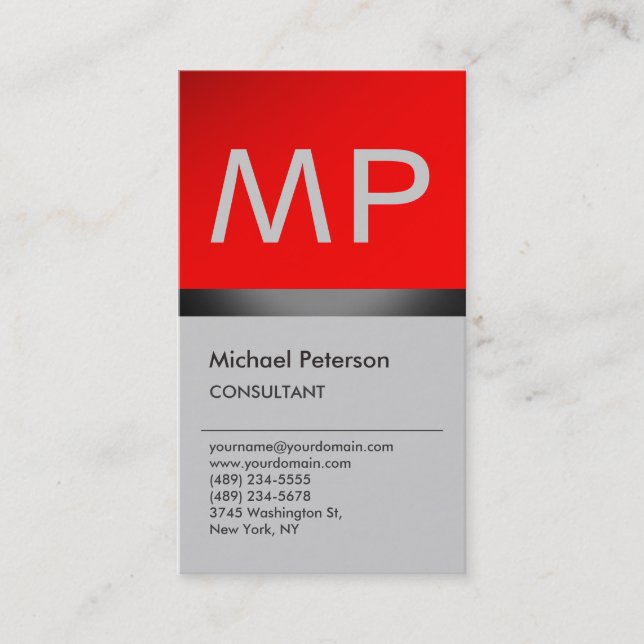 Vertical Trendy Red Grey Monogram Business Card (Front)