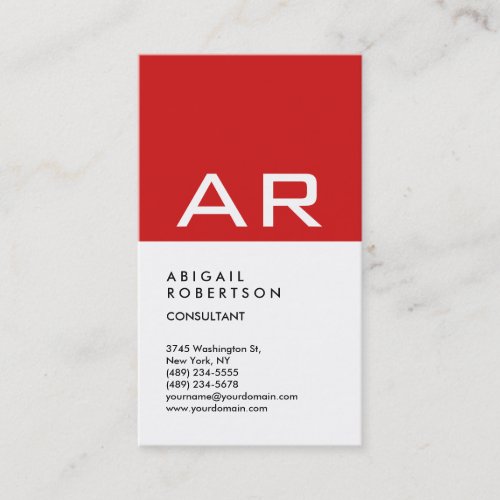 Vertical Trendy Red White Monogram Stylish Business Card