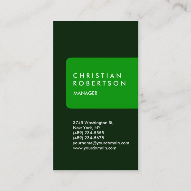 Vertical trendy standard green business card (Front)
