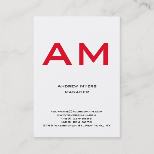 Vertical unique plain simple white red monogram business card