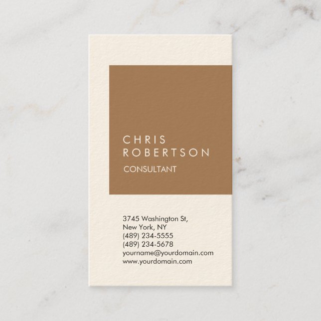 Vertical Unique Signature Cream Brown Modern Business Card (Front)