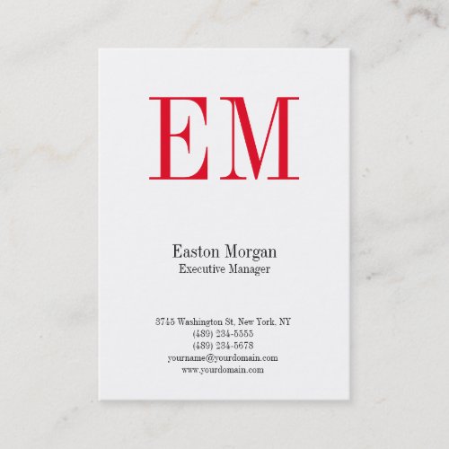Vertical unique white professional red monogram business card