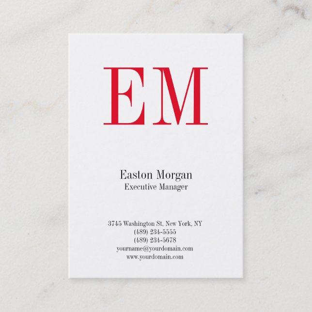 Vertical unique white professional red monogram business card (Front)