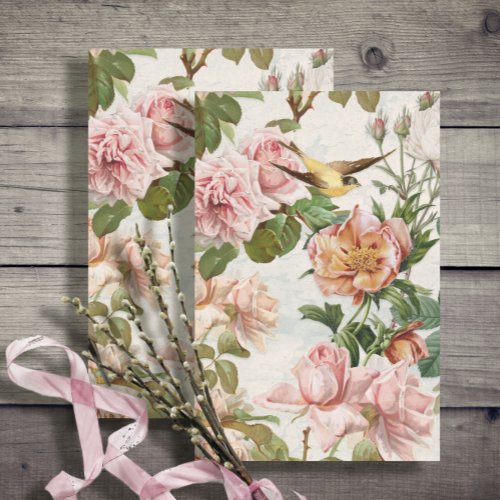 Vertical Vintage Pink Yellow Roses Botanical Birds Tissue Paper