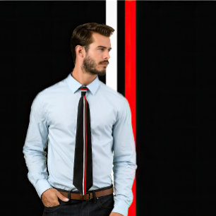 Vertical White and Red Stripes on Black Necktie