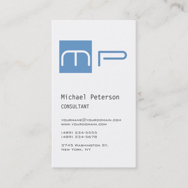Vertical White Blue Stripe Monogram Business Card (Front)