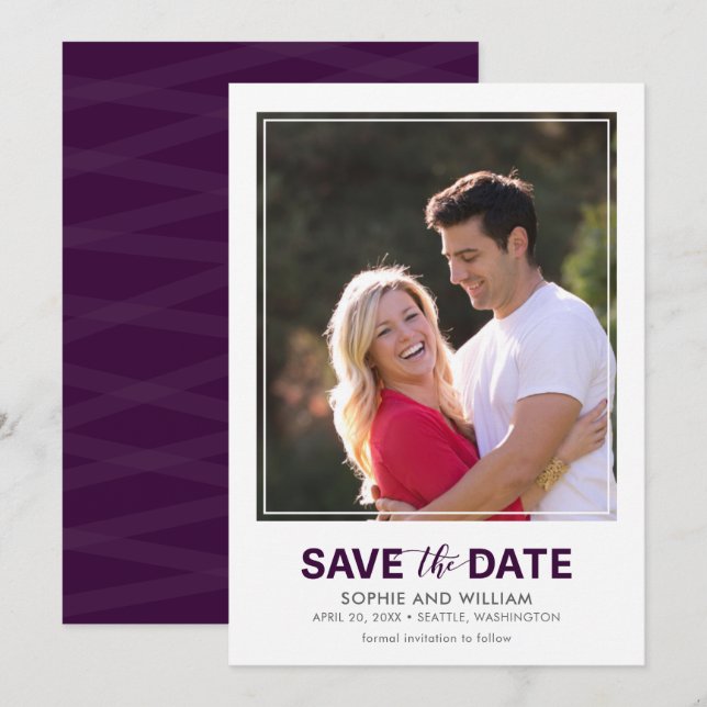 Vertical White Border Purple Save the Date Photo (Front/Back)