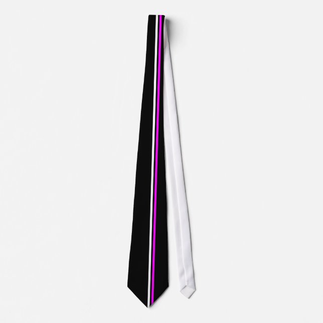 Vertical White, Fuchsia Stripes on Black Necktie (Front)