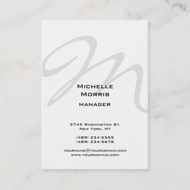 Vertical White Gray Monogram Plain Modern Business Card (Front)