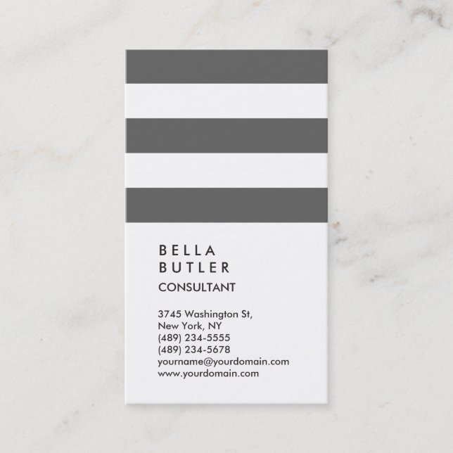 Vertical White Grey Striped Trendy Consultant Business Card (Front)
