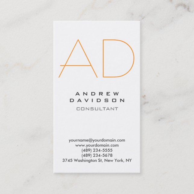 Vertical White Orange Gray Monogram Business Card (Front)