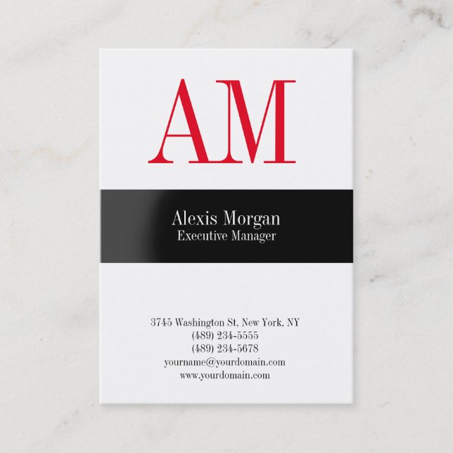 Vertical white professional red monogram business card (Front)