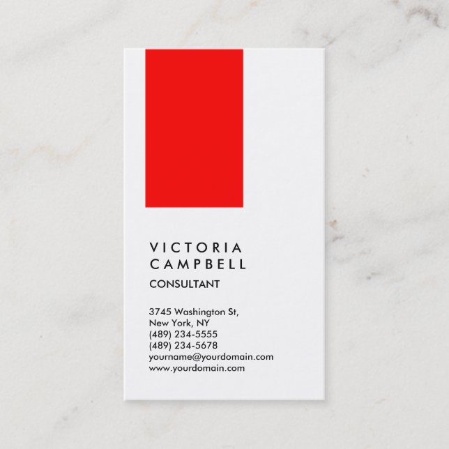 Vertical White Red Black Trendy Consultant Business Card (Front)