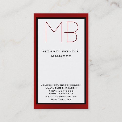 Vertical white red border monogram business card